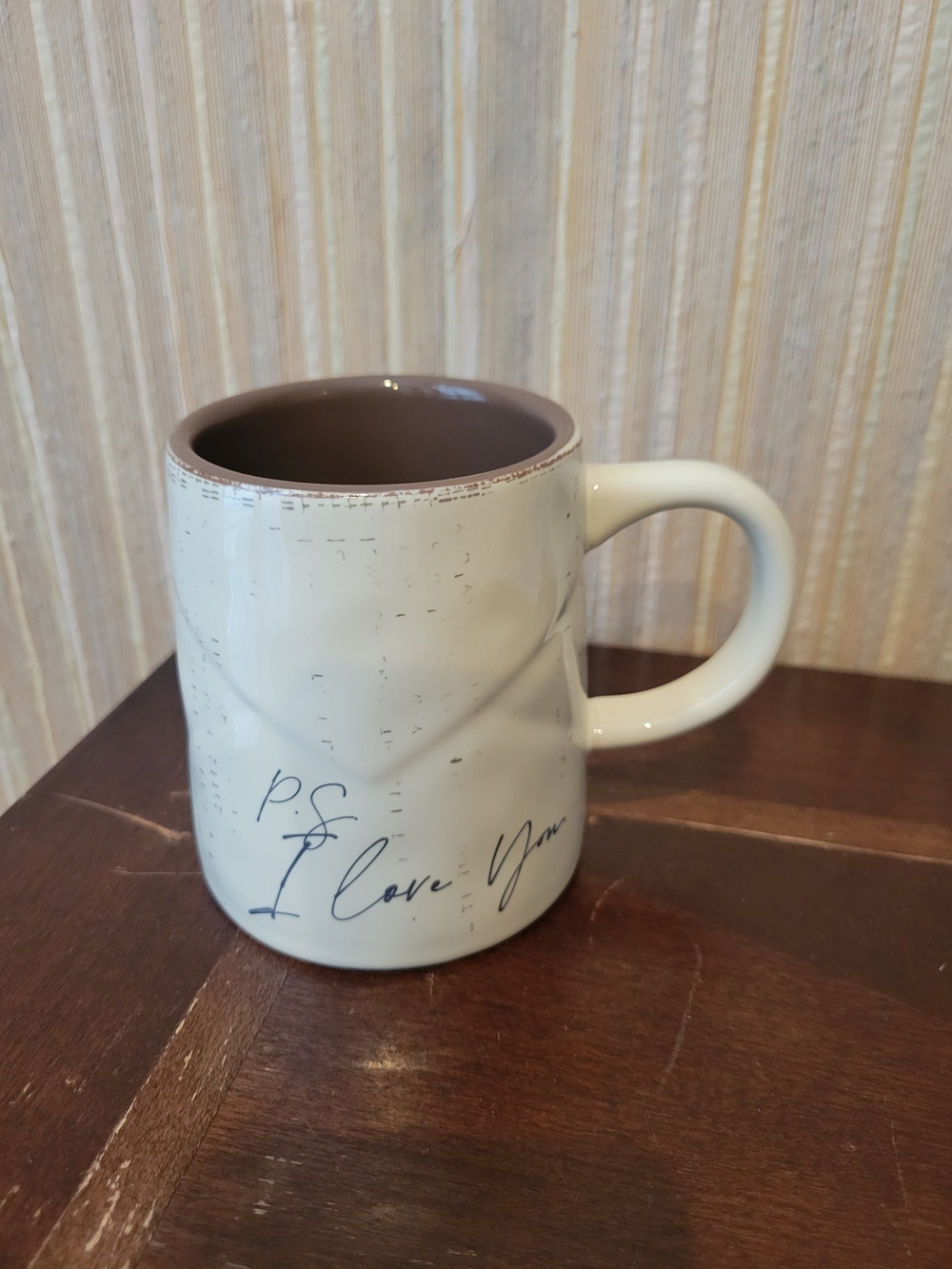 Demdaco Cream Mug with Brown Interior - "P.S. I Love You" Script 12oz. NWT
